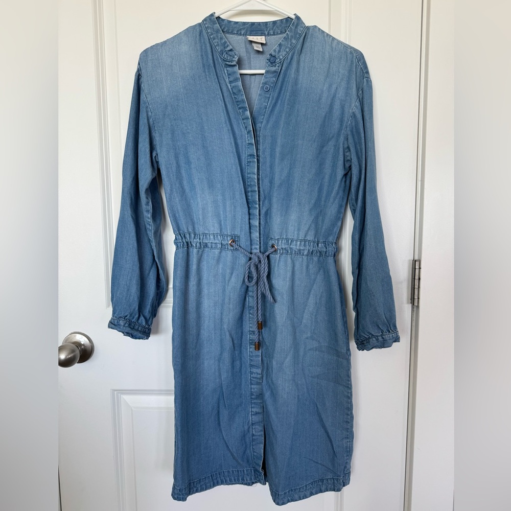 XS A New Day Light Wash Denim Button-Front Midi Dress with Drawstring Waist